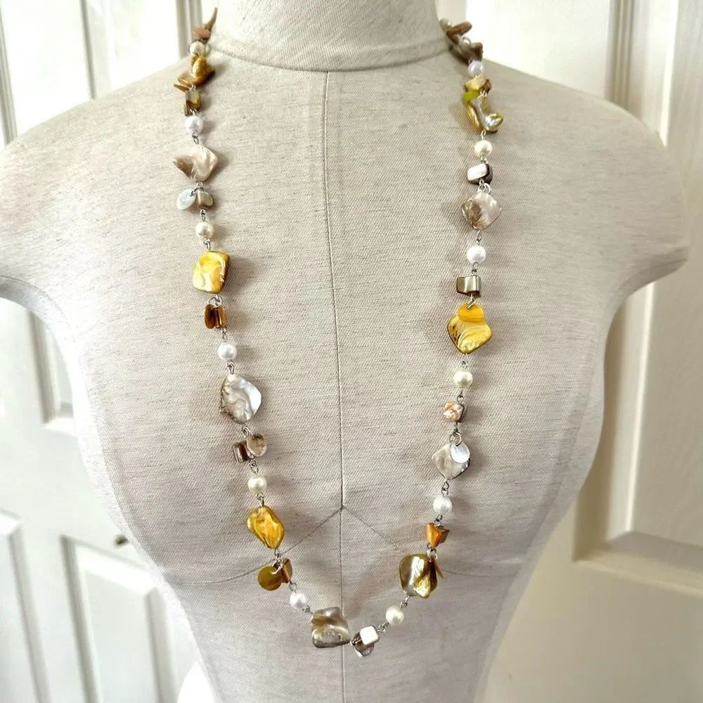 Yellow faux pearl abalone beaded long necklace